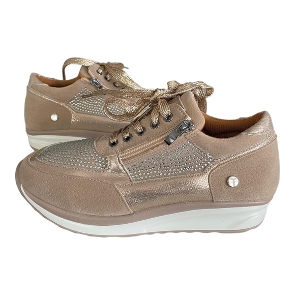 New Metallic Gold Tan White Zip Up Lace Up Bandage Trainers Women’s Size 6 - Picture 2 of 9